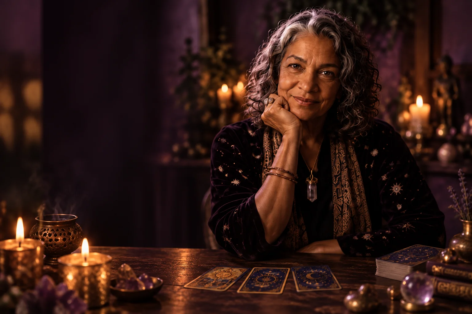 Lucia Fernandes em uma mesa de tarot, em um ambiente acolhedor à luz de velas