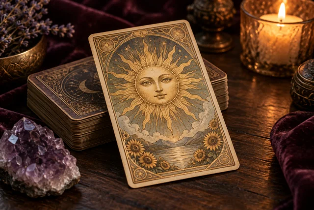 Carta de tarot dourada com símbolo do sol